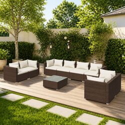 Sturdy 9-Piece Brown Rattan Garden Lounge Set