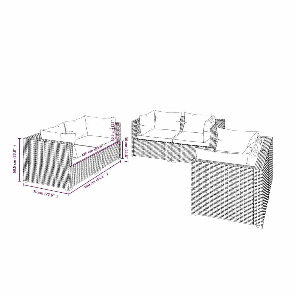 6 Piece Modular Patio Furniture Brown Powder Coating Steel Frame Water-Resistant PE Rattan with Cushions