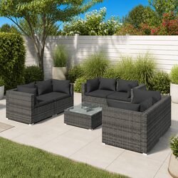 Sturdy 7 Piece Grey Rattan Garden Lounge Set with Cushions