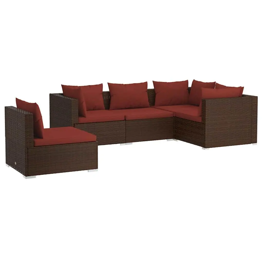 Garden Lounge Set Brown PE Rattan 5 Piece Outdoor Patio Furniture