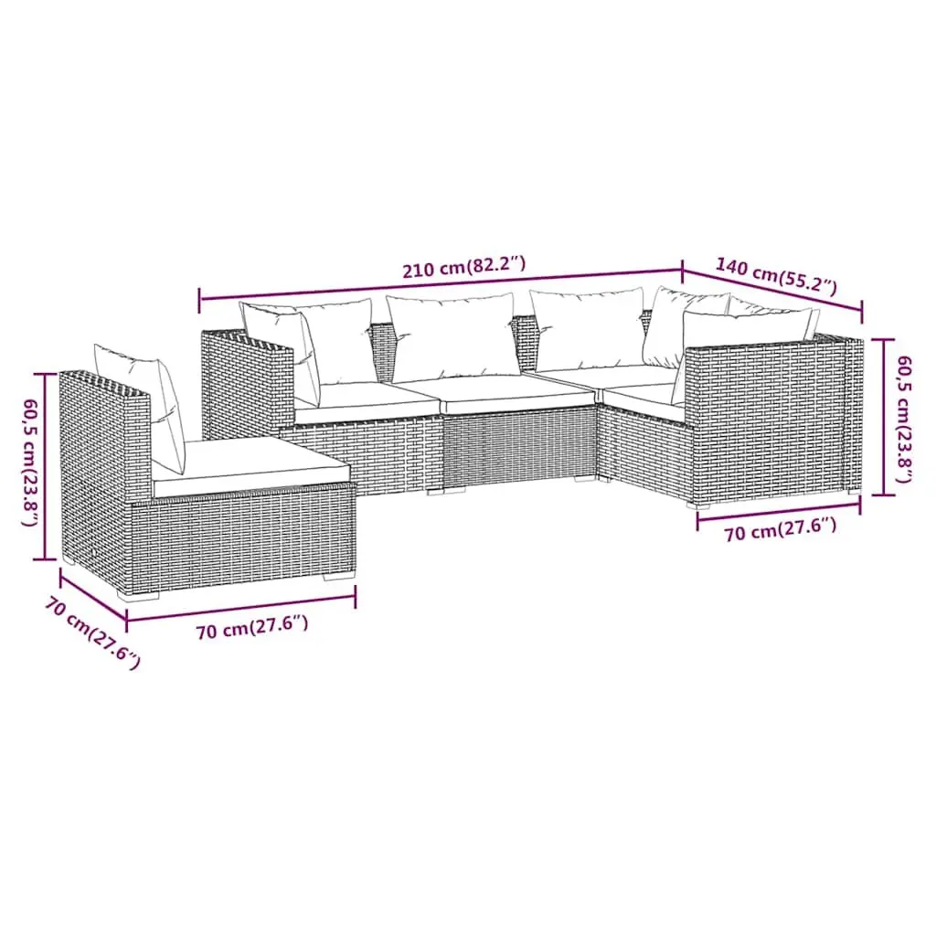 Garden Lounge Set Poly Rattan Brown 5 Piece Outdoor Furniture