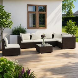 7-Piece Brown Poly Rattan Outdoor Garden Lounge Set