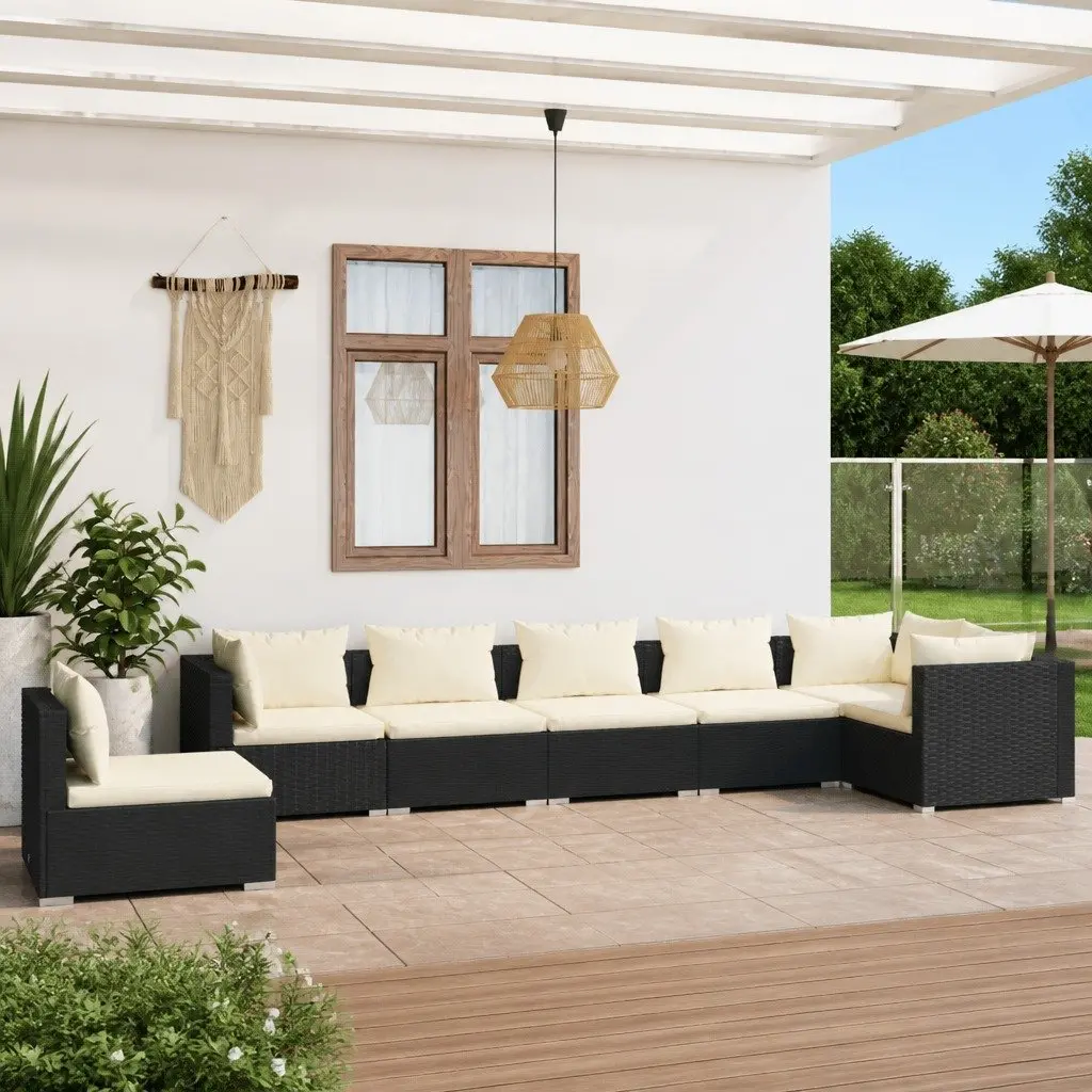 7-Piece Outdoor Lounge Set with Cushions in Black PE Rattan