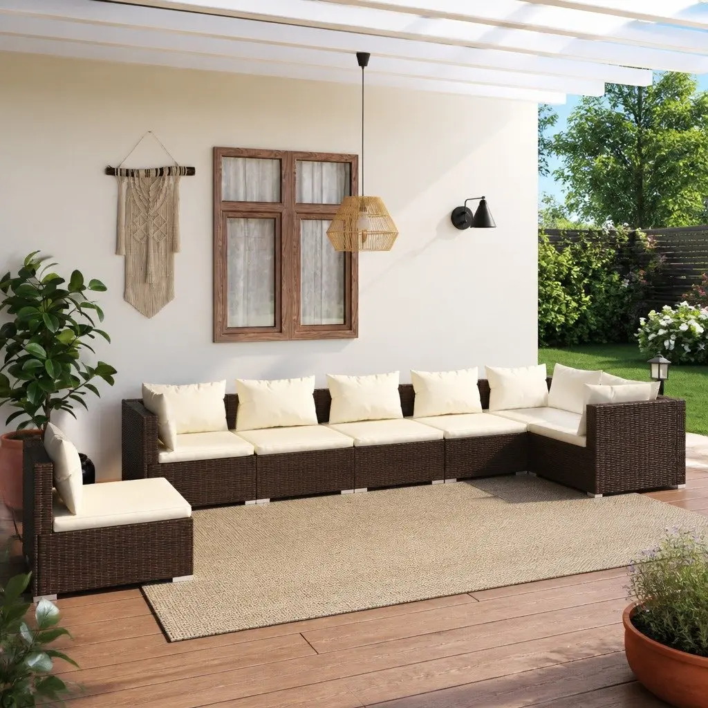 7 Piece Garden Lounge Set PE Rattan Steel Frame Brown Modular Patio Furniture with Cushions