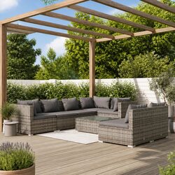 Sturdy 8 Piece Outdoor Lounge Set Grey Poly Rattan Sofa