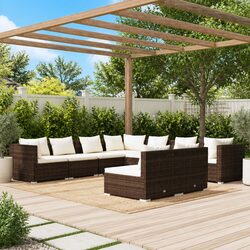 9-Piece Poly Rattan Garden Lounge Set with Brown Cushions
