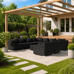 10-Piece Black Poly Rattan Outdoor Lounge Set with Cushions