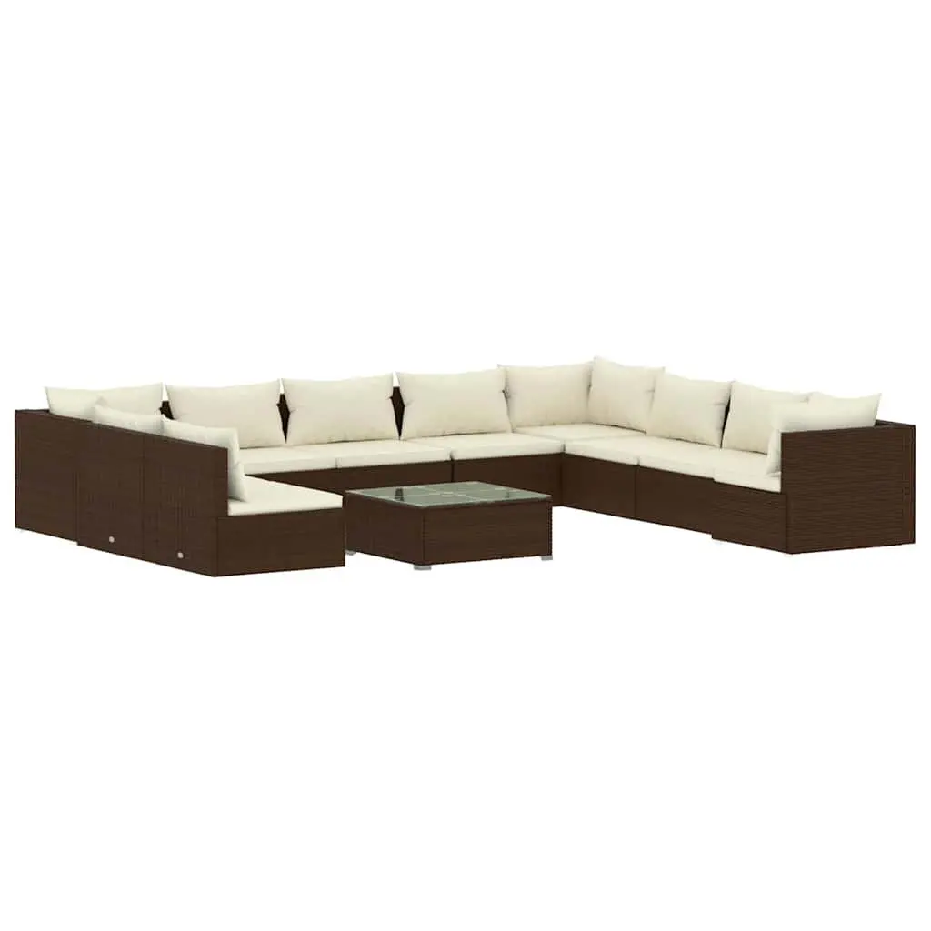 Garden Lounge Set 11 Piece Poly Rattan Outdoor Furniture Brown Cushions Modular