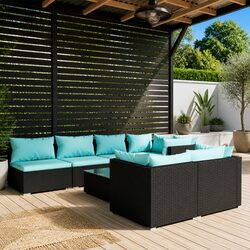 Sturdy 8-Piece Black Poly Rattan Outdoor Lounge Set