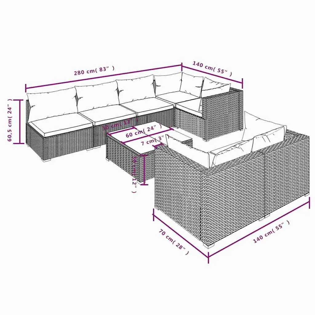 8-Piece Black Poly Rattan Outdoor Lounge Set