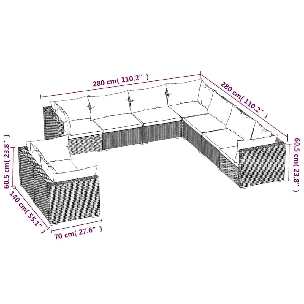 9 Piece Outdoor Garden Lounge Set Black Poly Rattan Modular Sectional Sofa