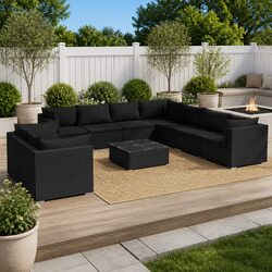 Sturdy 10 Piece Black Poly Rattan Garden Lounge Set
