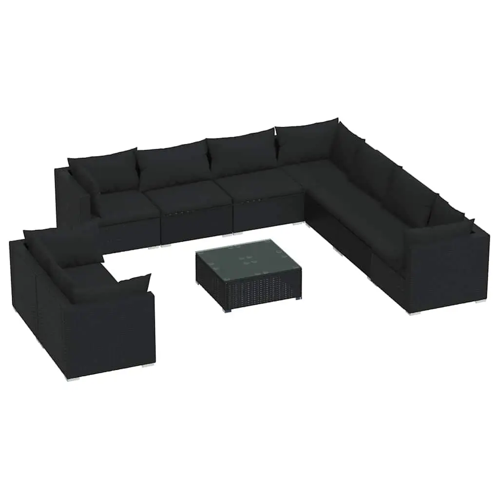 10 Piece Black Poly Rattan Garden Lounge Set