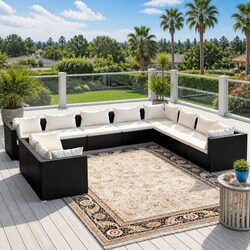 Sturdy 10-Piece Black Poly Rattan Outdoor Lounge Set