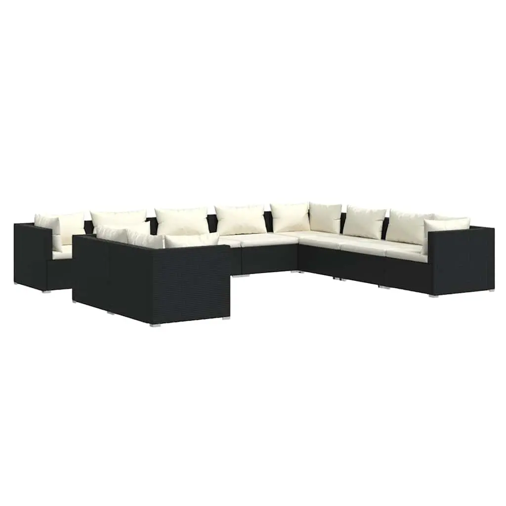 10-Piece Black Poly Rattan Outdoor Lounge Set