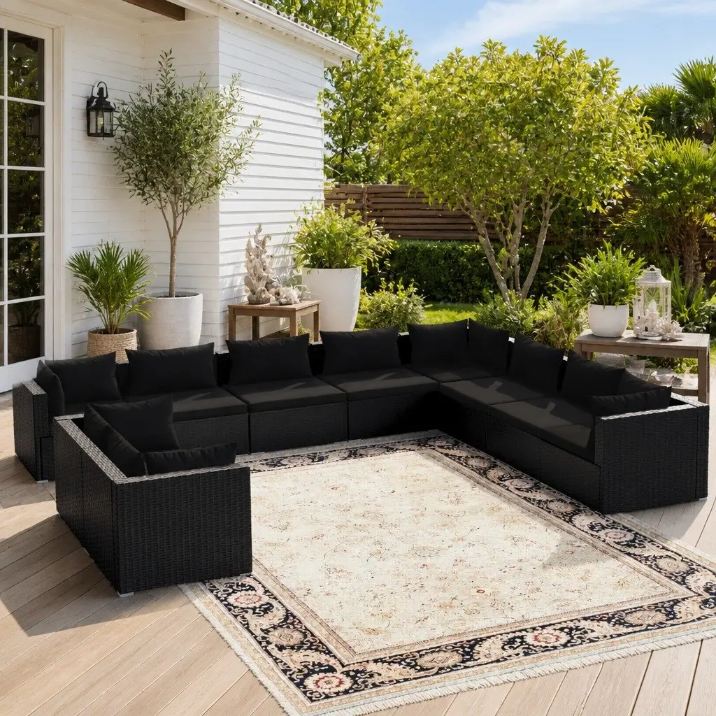 10 Piece Outdoor Lounge Set Poly Rattan Garden Furniture Steel Frame Black