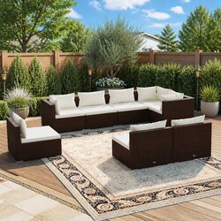 8-Piece Brown Poly Rattan Garden Lounge Set with Cushions