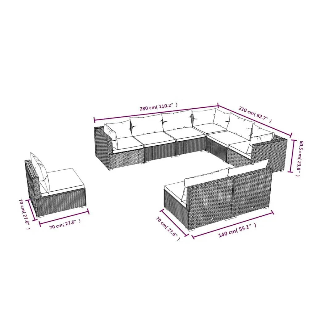 9 Piece Modular Black Poly Rattan Garden Lounge Set