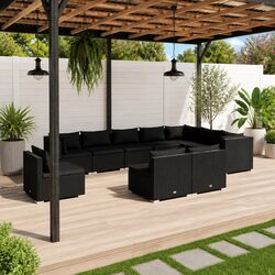 10-Piece Black Poly Rattan Garden Lounge Set with Cushions