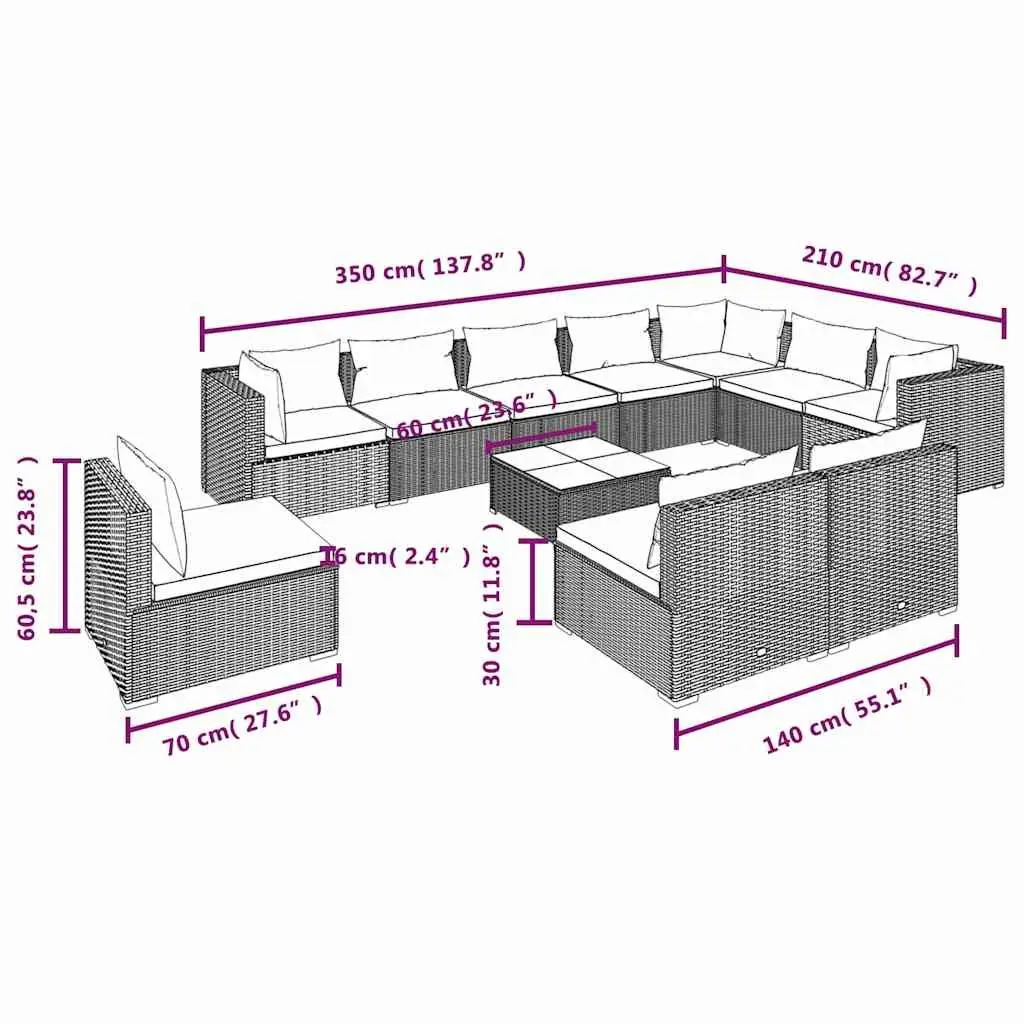 Modular Sofa Poly Rattan Garden Lounge Set 11 Piece Outdoor Furniture Brown