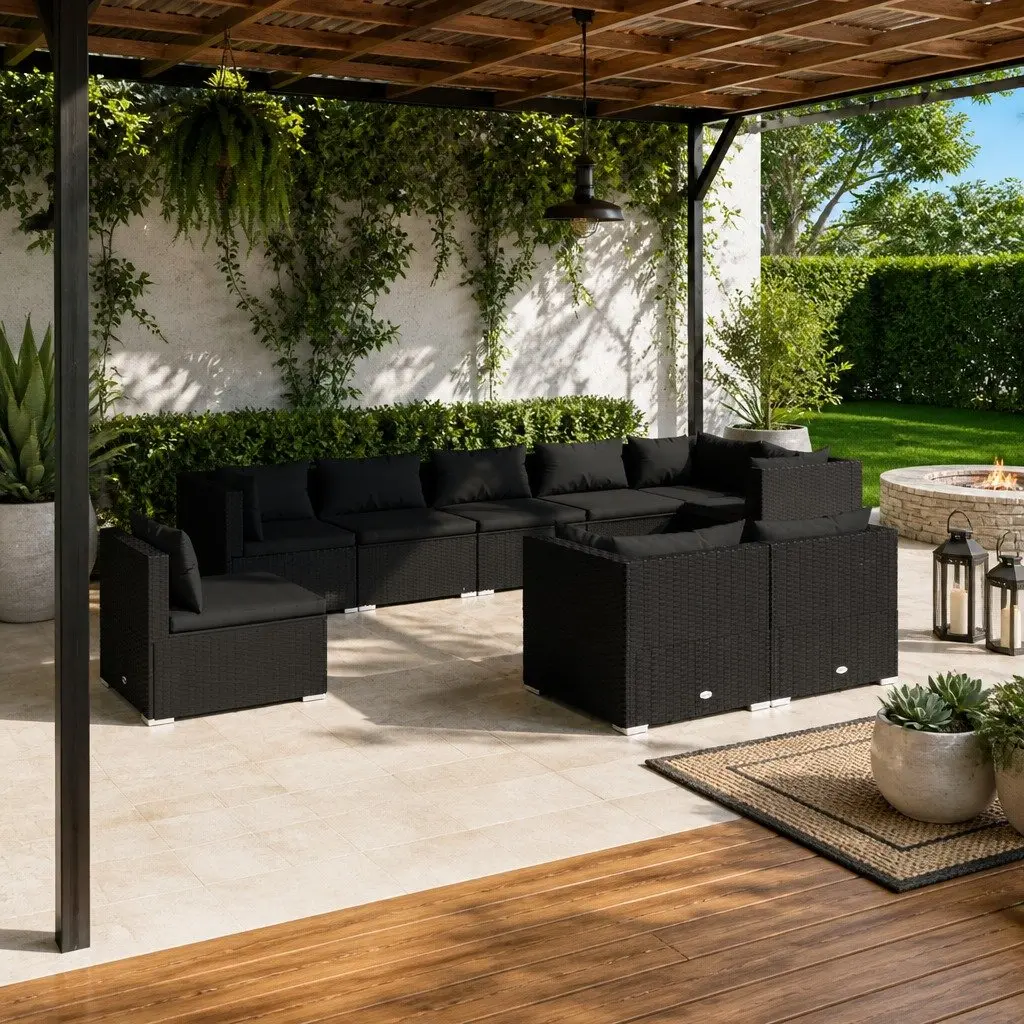 Garden Lounge Set Poly Rattan 9 Piece Black Outdoor Furniture with Cushions