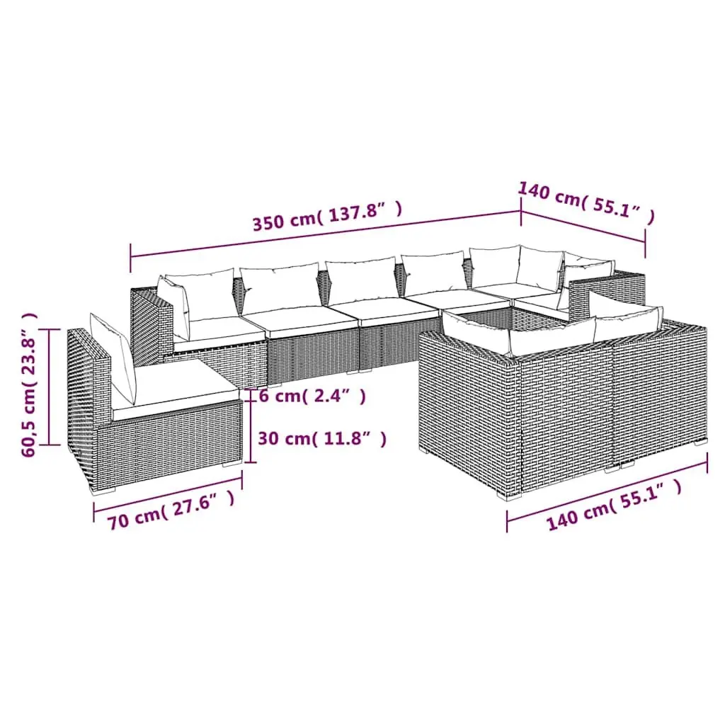 Garden Lounge Set Poly Rattan 9 Piece Black Outdoor Furniture with Cushions