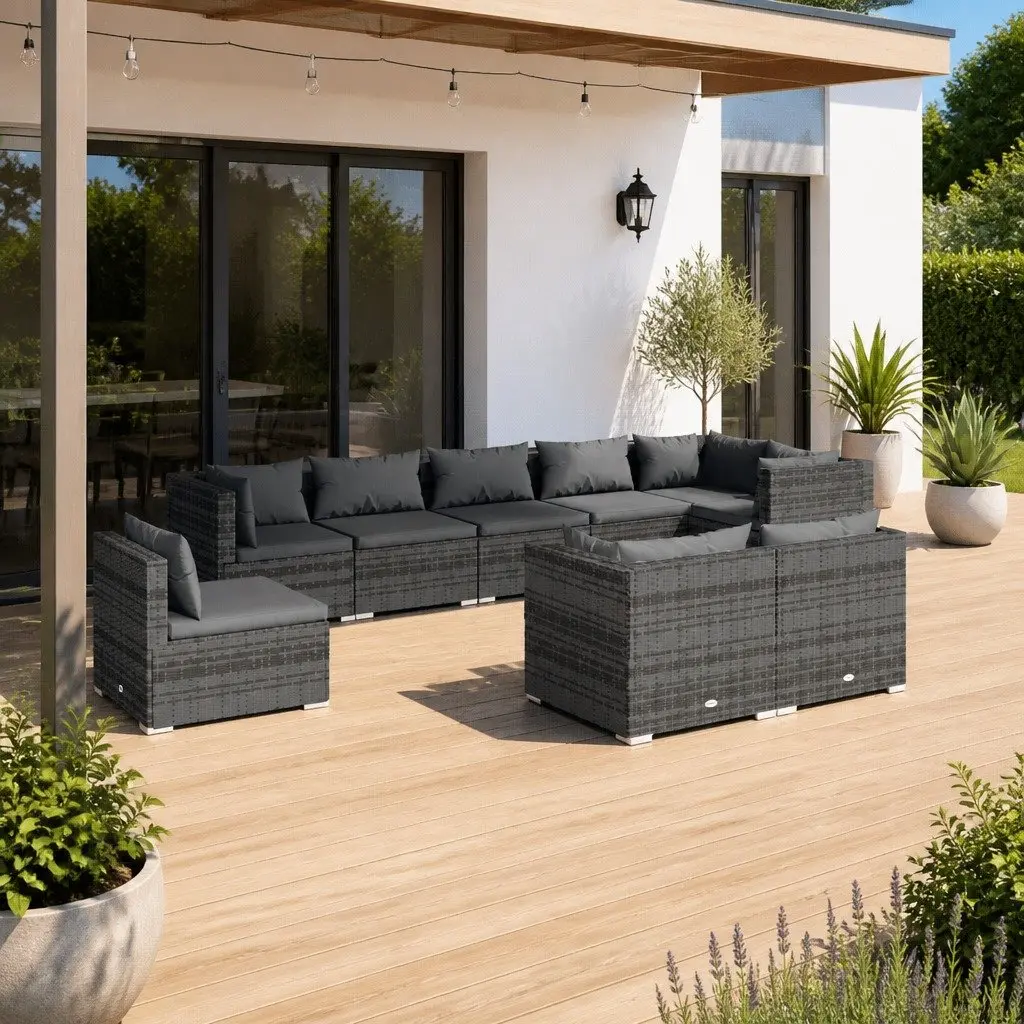 Modular 9-Piece Grey Poly Rattan Garden Lounge Set