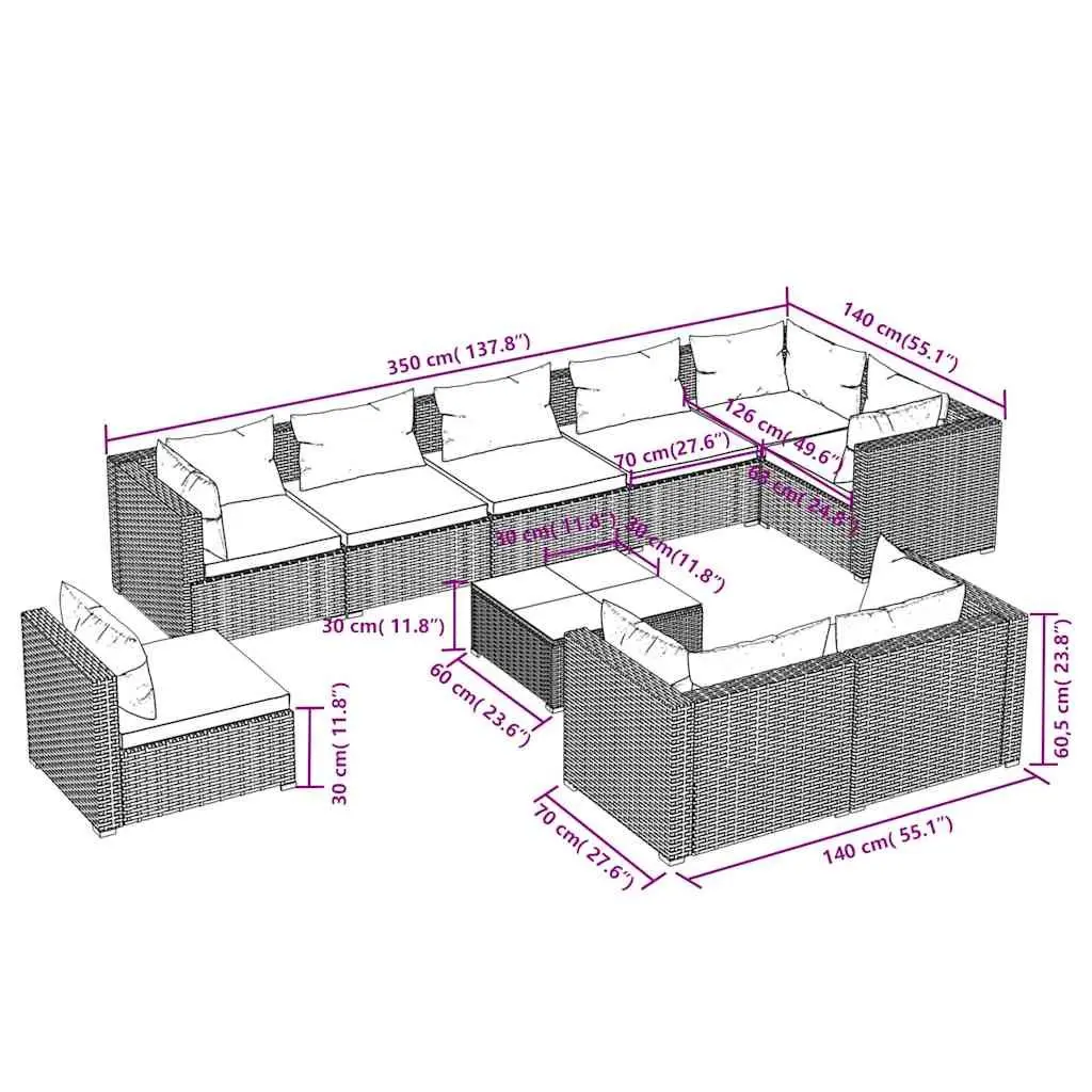 Brown 10-Piece Poly Rattan Garden Lounge Set