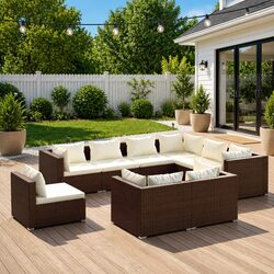 9 Piece Brown Poly Rattan Garden Lounge Set with Cushions