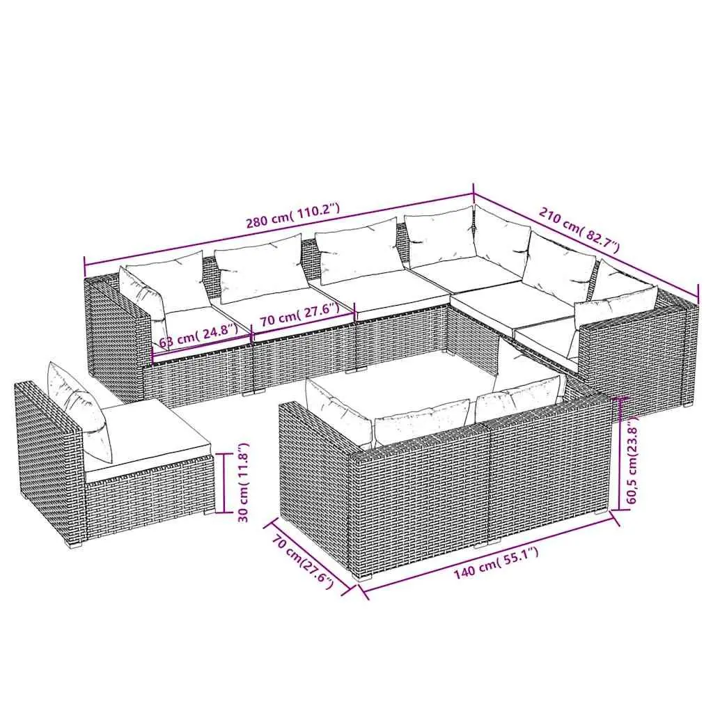 Garden Lounge Set Poly Rattan 9 Piece Outdoor Furniture Grey with Cushions
