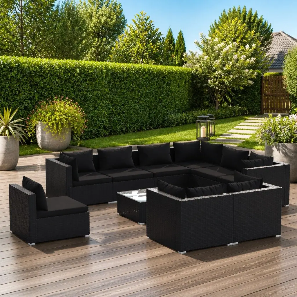 10 Piece Black Poly Rattan Garden Lounge Set