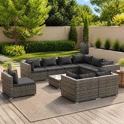 10-Piece Grey Poly Rattan Garden Lounge Set with Cushions
