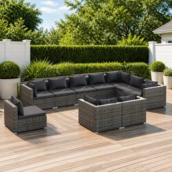 High-Quality 10 Piece Grey Poly Rattan Garden Lounge Set