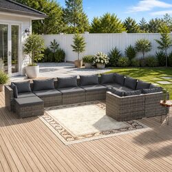 Durable 10 Piece Poly Rattan Garden Lounge Set with Cushions