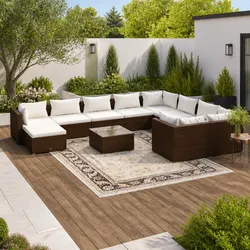 Premium 11 Piece Outdoor Lounge Set in Brown Poly Rattan