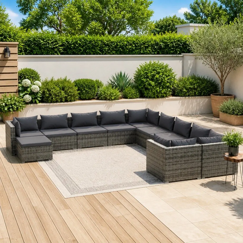 Garden Lounge Set Poly Rattan 11 Piece Outdoor Patio Furniture Grey Cushions