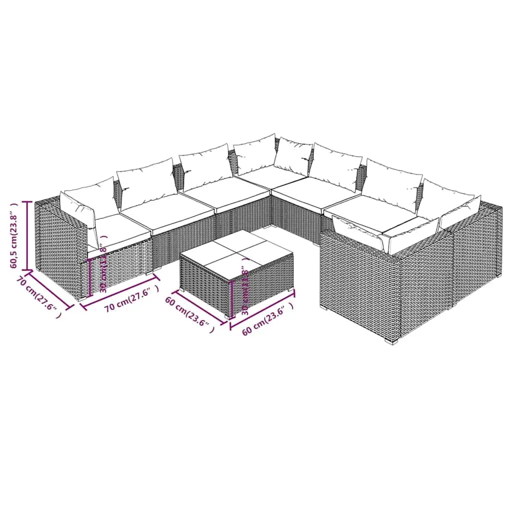 Garden Lounge Set PE Rattan 9 Piece Outdoor Furniture Steel Frame Cushions Black