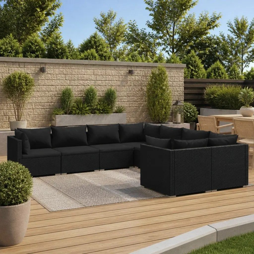 8 Piece Poly Rattan Garden Lounge Set Fabric Cushions Black