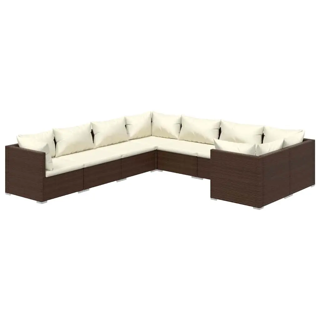 8 Piece Garden Lounge Set PE Rattan Brown with Cushions