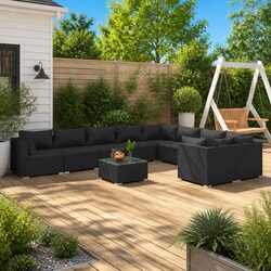 Garden Lounge Set 10 Piece Outdoor Patio Furniture Black Poly Rattan with Cushions