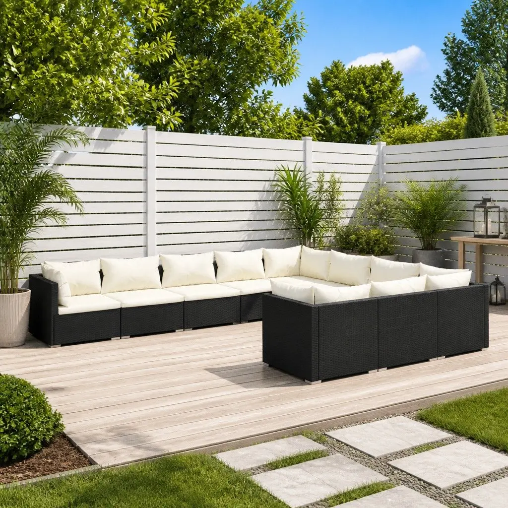 Garden Lounge Set Poly Rattan 10 Piece Outdoor Furniture with Cushions Black