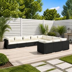 10-Piece Black Poly Rattan Garden Lounge Set with Cushions