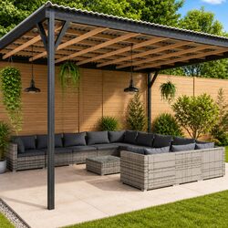12-Piece Grey Poly Rattan Garden Lounge Set with Cushions