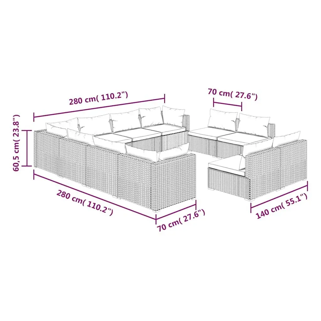 11 Piece Garden Lounge Set PE Rattan Powder-coated Steel Black