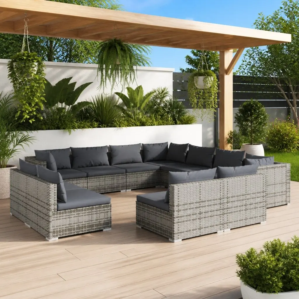 Grey Poly Rattan 11-Piece Outdoor Lounge Set with Cushions