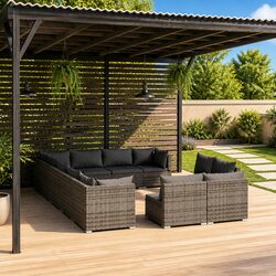 Grey Poly Rattan 12-Piece Garden Lounge Set with Cushions