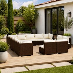 Durable 13 Piece Brown Poly Rattan Garden Lounge Set