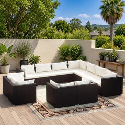 Durable 11-Piece Black Rattan Garden Lounge Set with Cushions