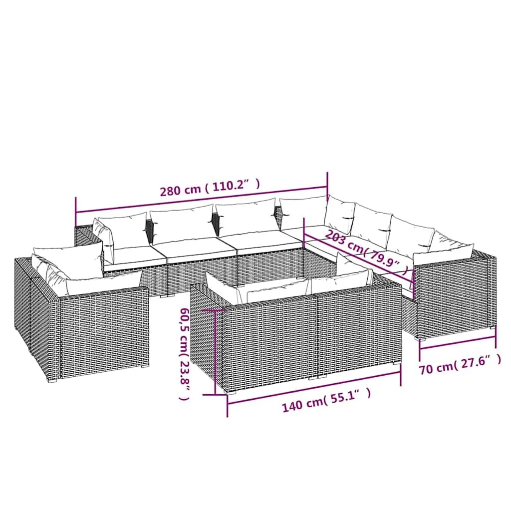 11 Piece Outdoor Garden Lounge Set PE Rattan Modular Patio Furniture with Cushions Black