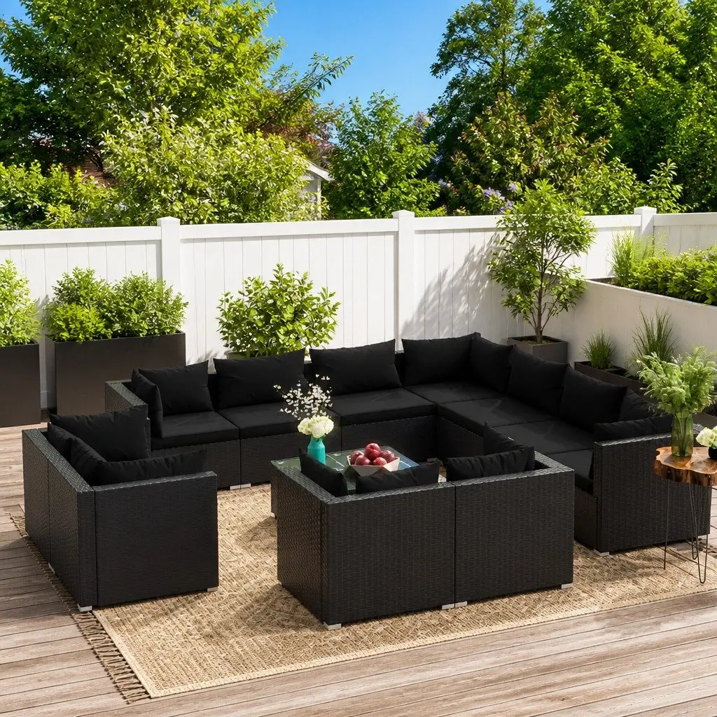 12 Piece Black Poly Rattan Garden Lounge Set